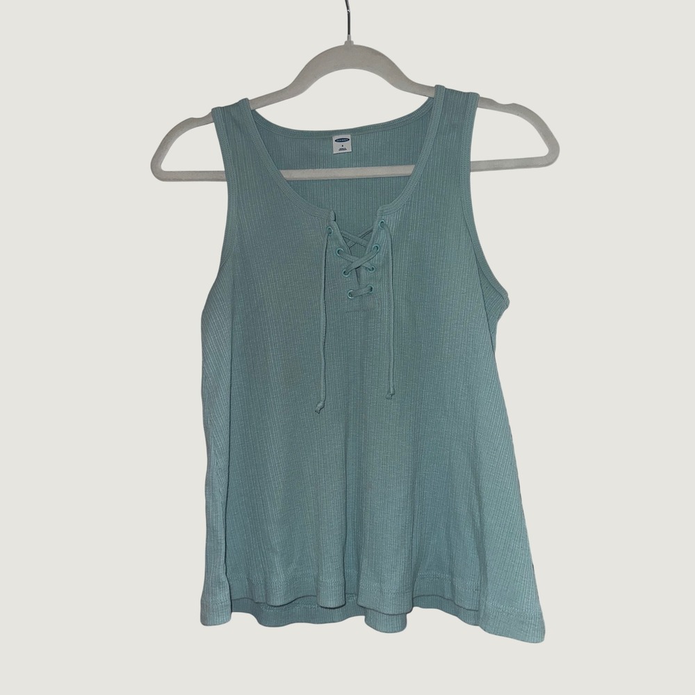 Old Navy Womens Ribbed Lace Up Tank Top‎ S Seafoam Blue Sleeveless Boho